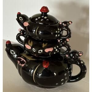 Vintage  Redware Reindeer Stacking Tea Pot Creamer & Sugar Bowl Japan